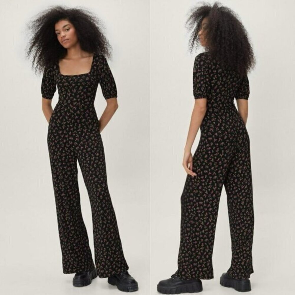 NastyGal Floral Print Square Neck Fitted Jumpsuit - Picture 1 of 12